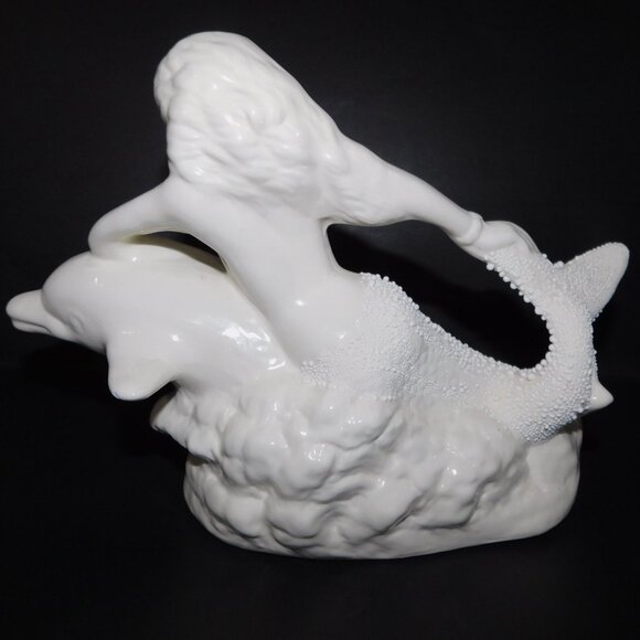 White Glazed Ceramic Mermaid Riding Dolphin Figurine Statue Home Decor - Picture 8 of 11